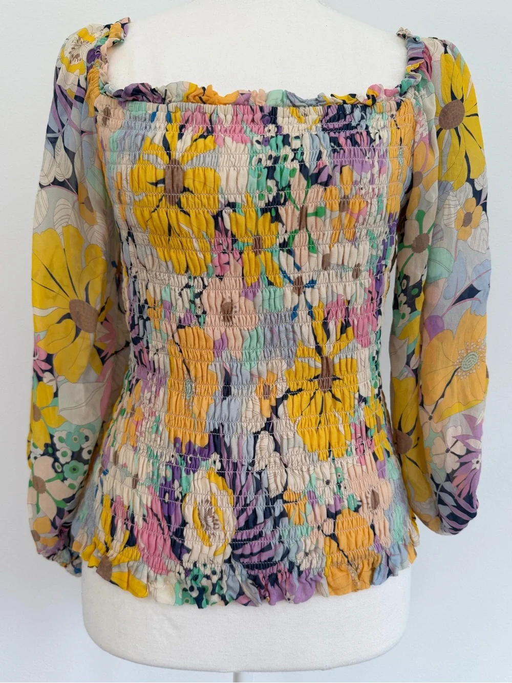 SHOSHANNA CECE TOP Floral Sheer Yellow Purple Size Medium